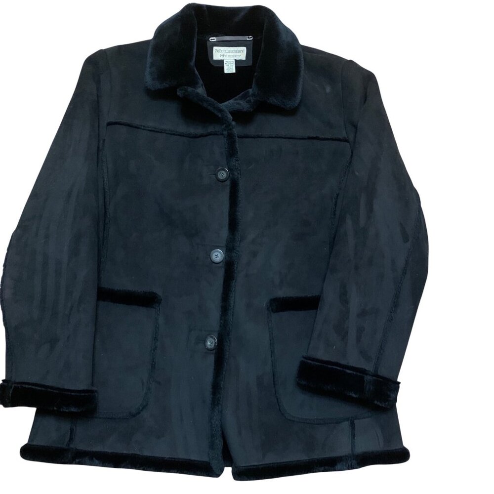 VTG Mulberry Street Women’s Coat Black Suede Faux Fur Trim‎ M Penny Lane Boho